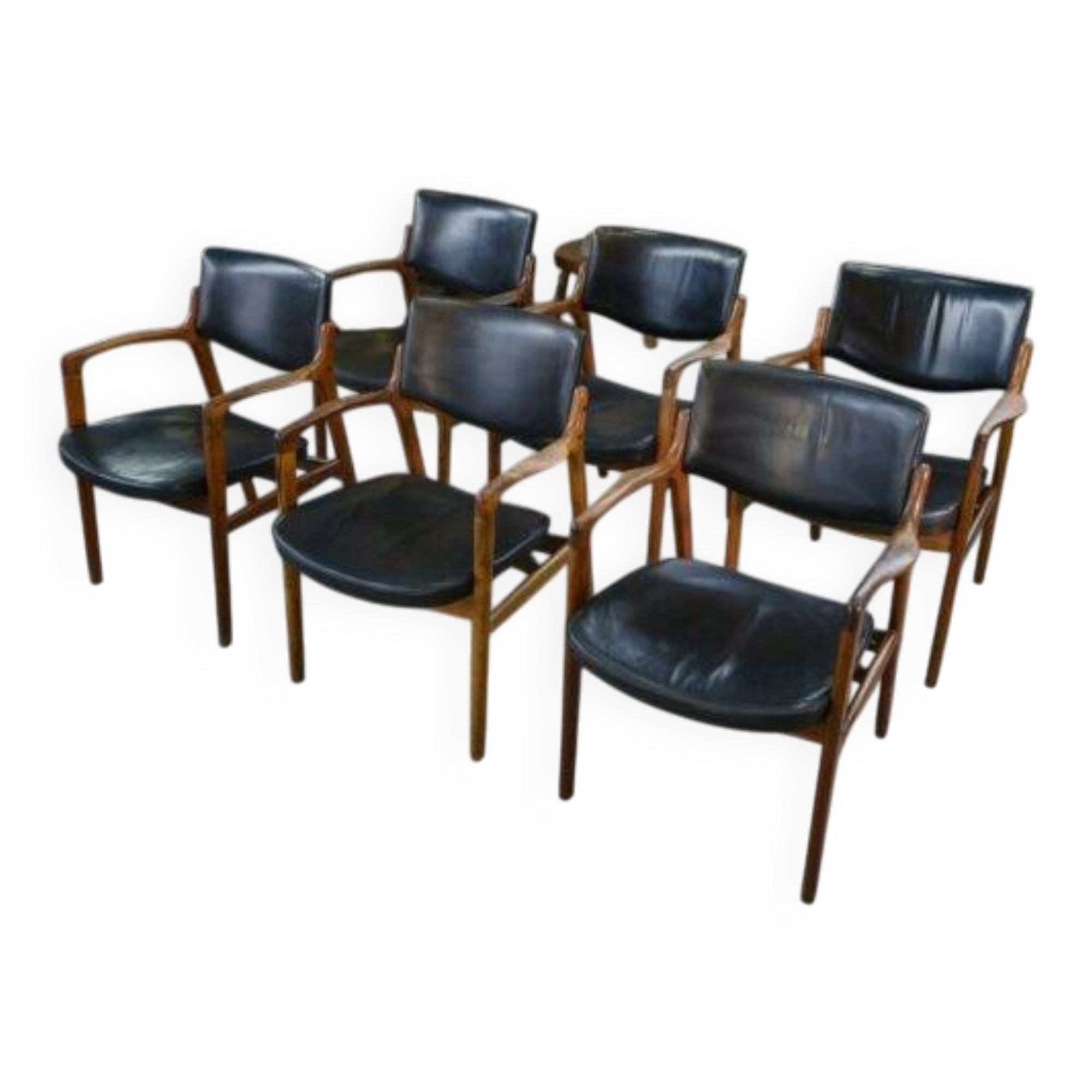 Ensemble de 6 fauteuils scandinaves en cuir et palissandre par Gondo Gravesen pour l’Atelier Bondo Gravesen Snedkerier 1960’s