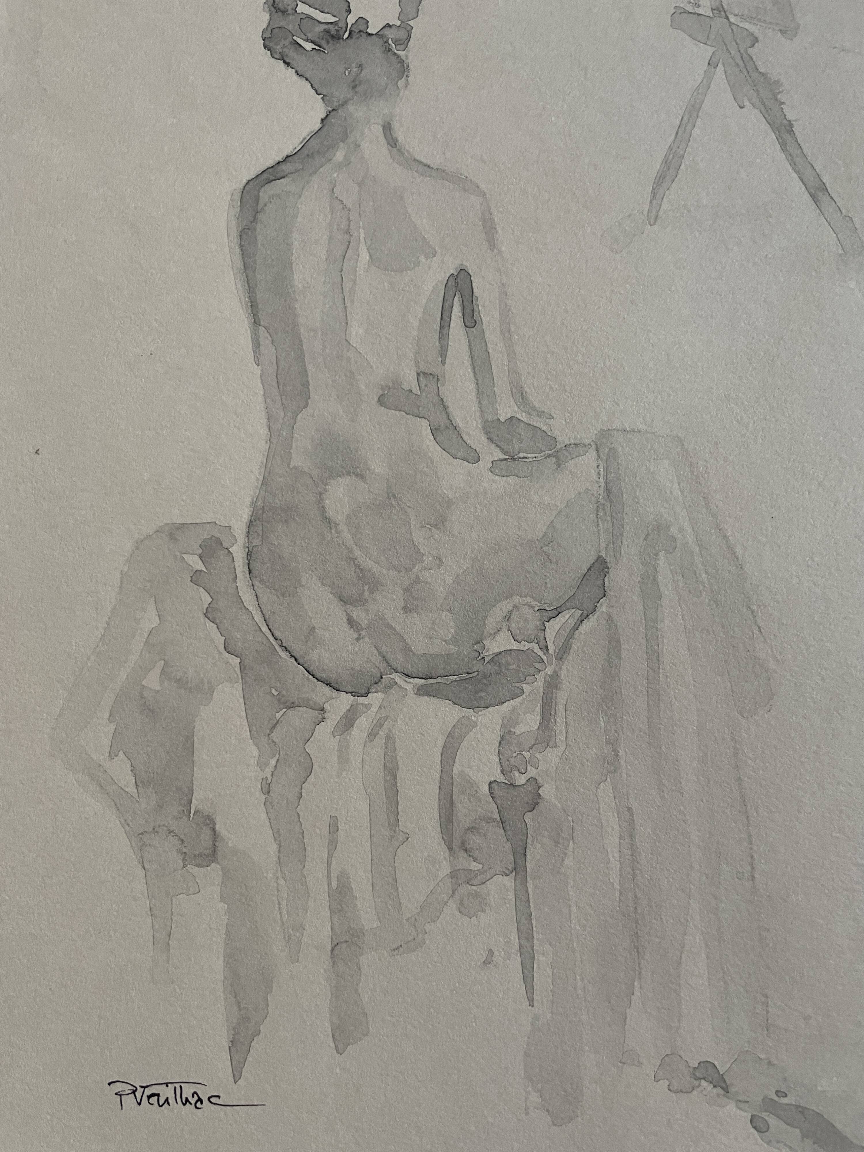 Painting signed monochrome sepia watercolor “female model in the workshop”