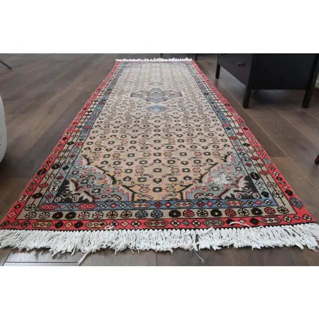 Vintage Turkish Oushak Handmade Wool Cotton Beige Runner Rug  98x284