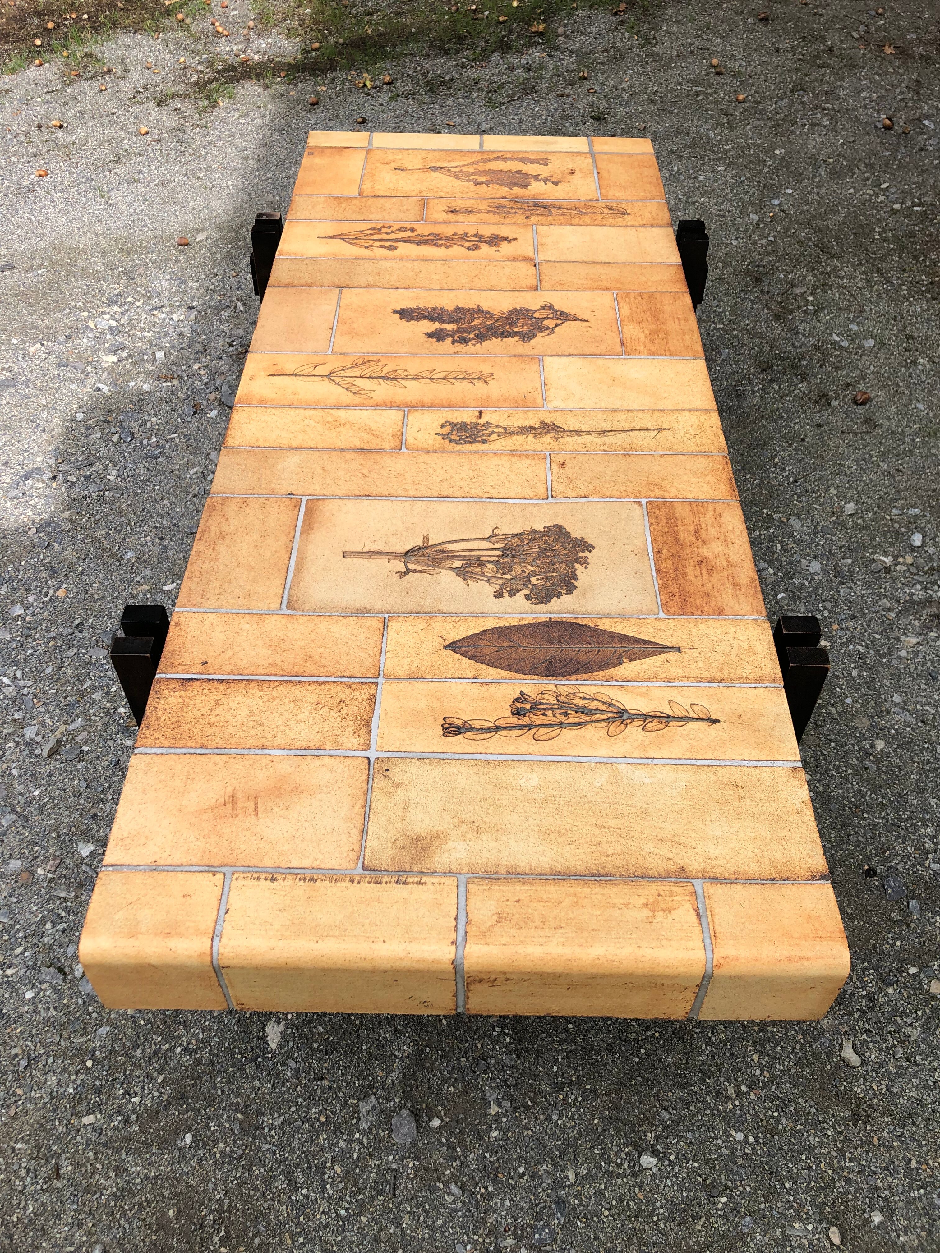 Vintage ceramic coffee table decorated with herbarium decoration Roger Capron