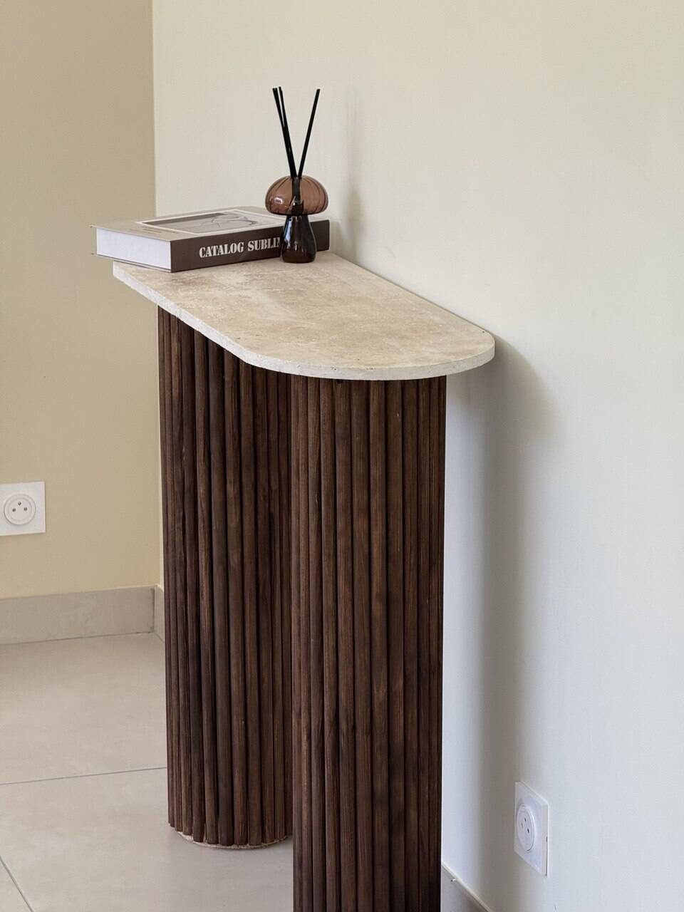 Travertine and wood console | dark oak