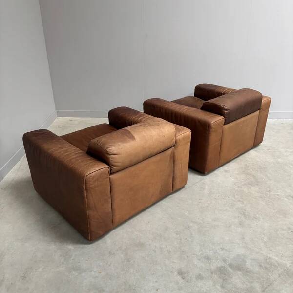 Ensemble de fauteuils en cuir marron vintage, années 1970.