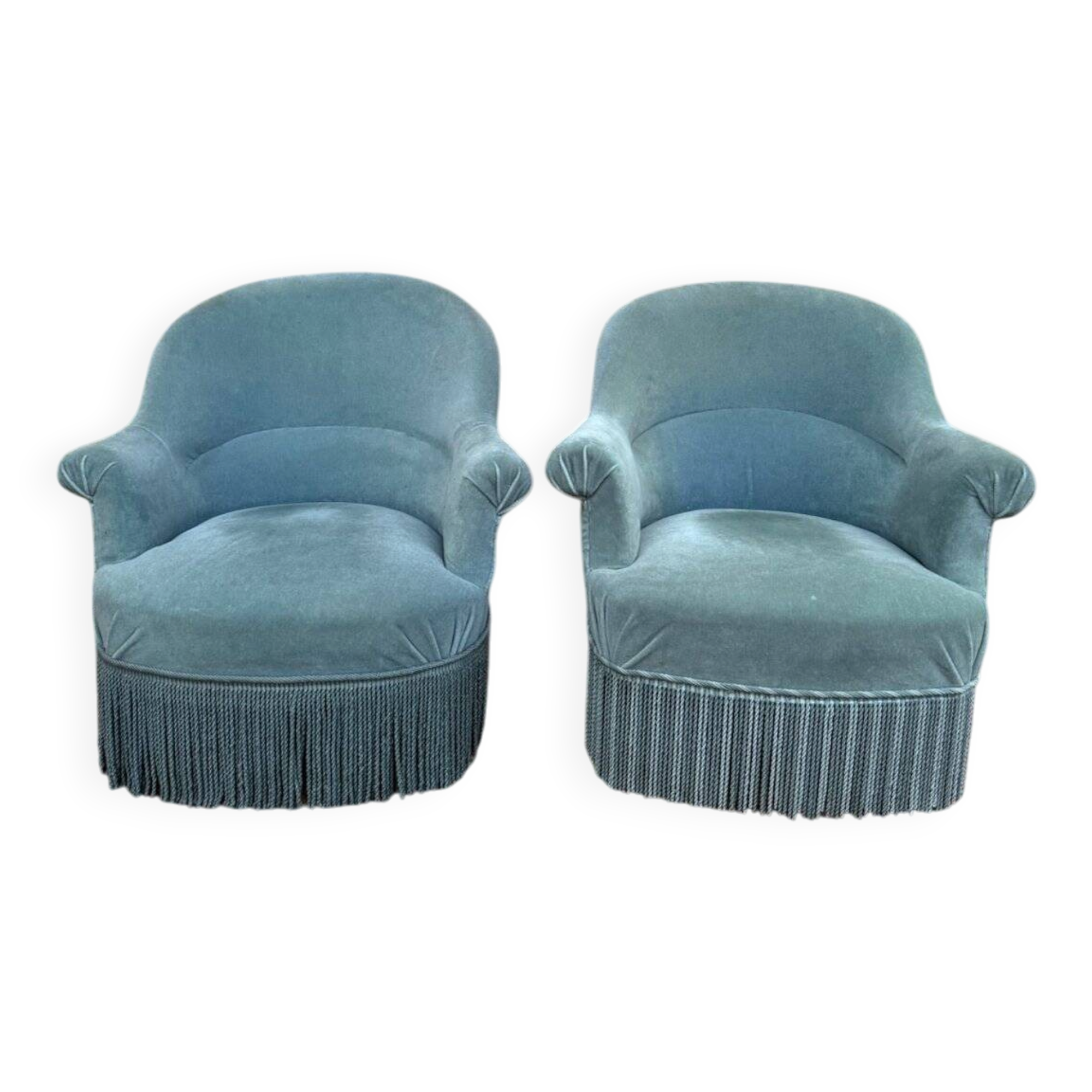 False pair of toad armchairs – Duck blue velvet – Mixed legs XI