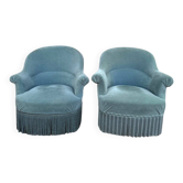 False pair of toad armchairs – Duck blue velvet – Mixed legs XI