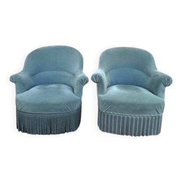 False pair of toad armchairs – Duck blue velvet – Mixed legs XI