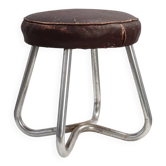 Bauhaus Modernist Stool with Chrome Tubular Frame and Leather Seat, Germany