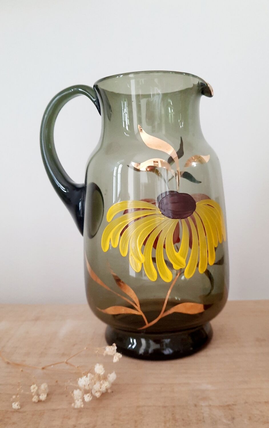 Vintage smoked amber glass pitcher
