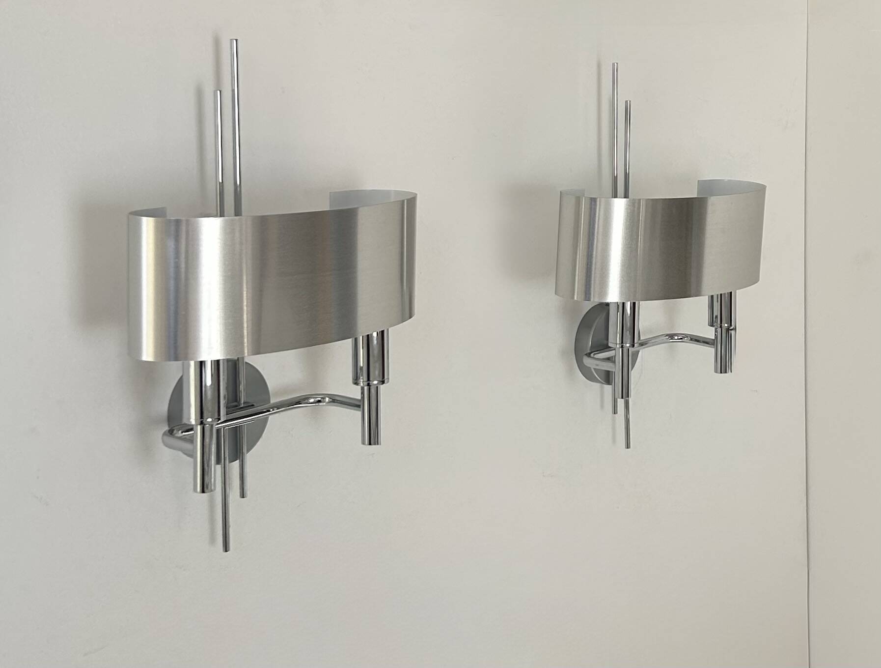 Pair of vintage wall lights, brushed metal and chrome, France 1960
