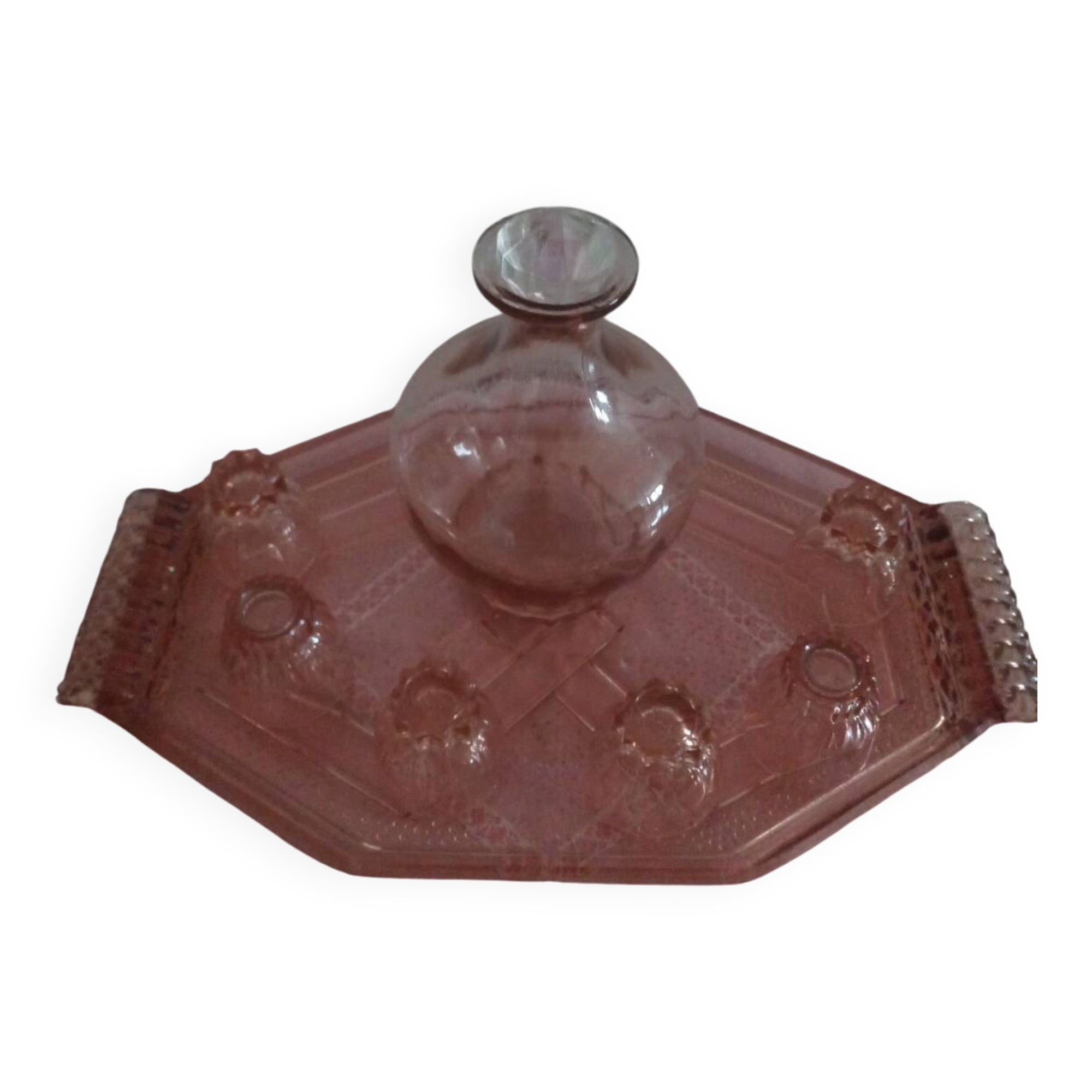Service à liqueur en verre rose
