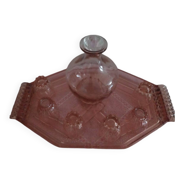 Service à liqueur en verre rose