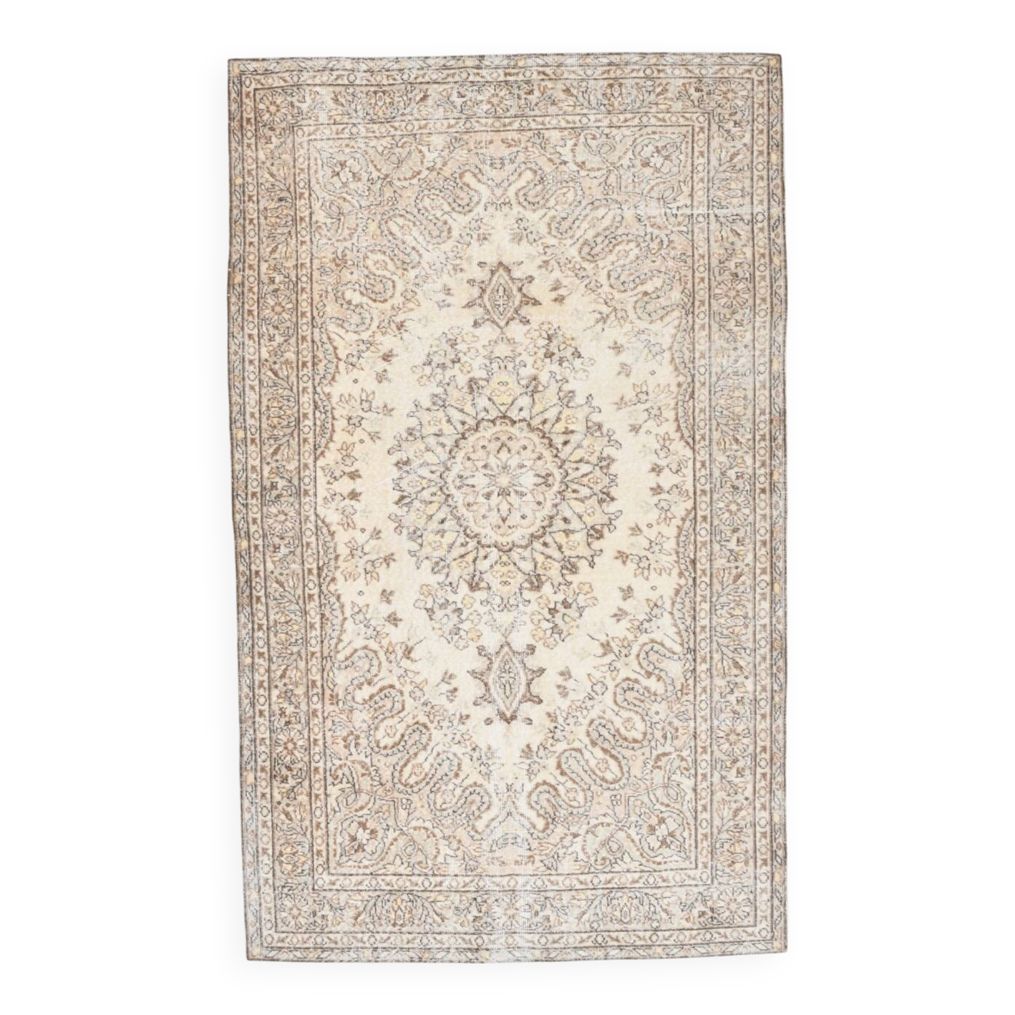 Grand tapis vintage tons pastel jaune et vert menthe, faded 312x197Cm