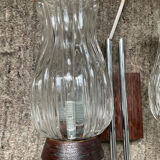 Vintage double light wall lamp in teak and molded glass