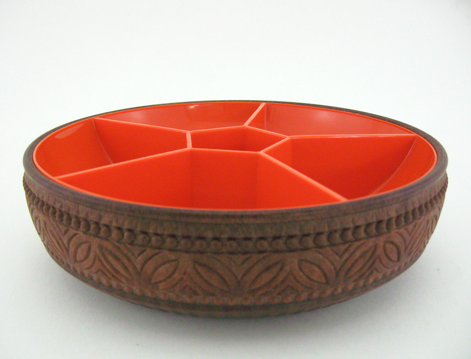 Orange and brown plastic compartmentalized appetizer tray - Emsa W. Germany - vintage 70s
