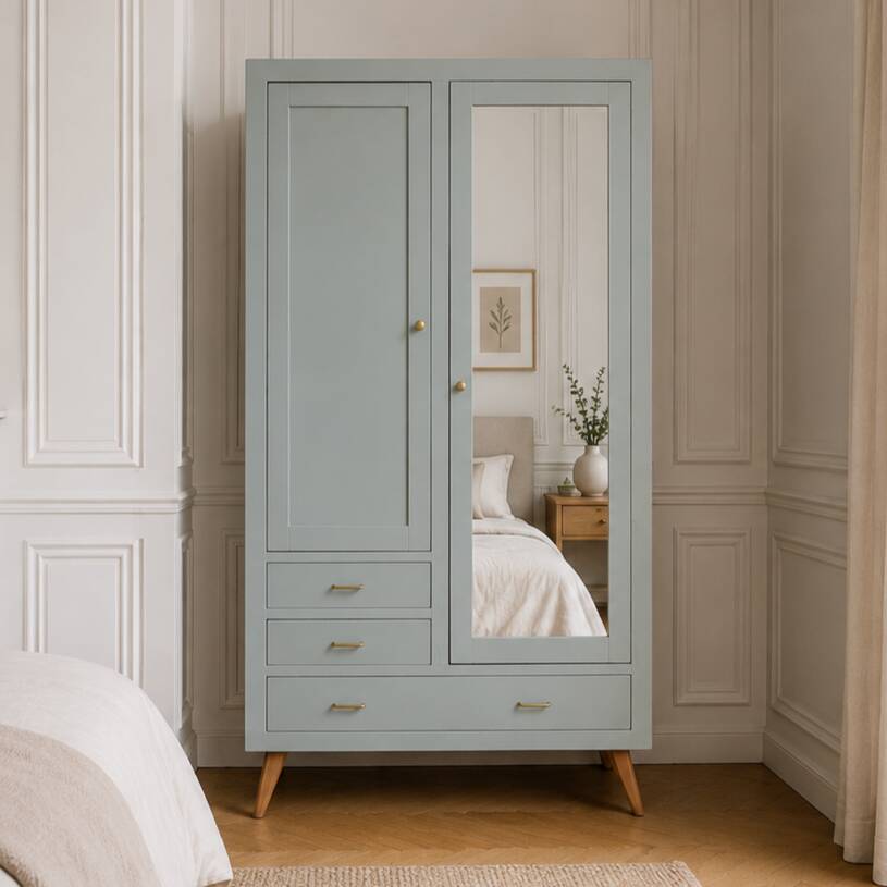 Vintage Parisian wardrobe in sage green – Mirror, hanging space and drawers