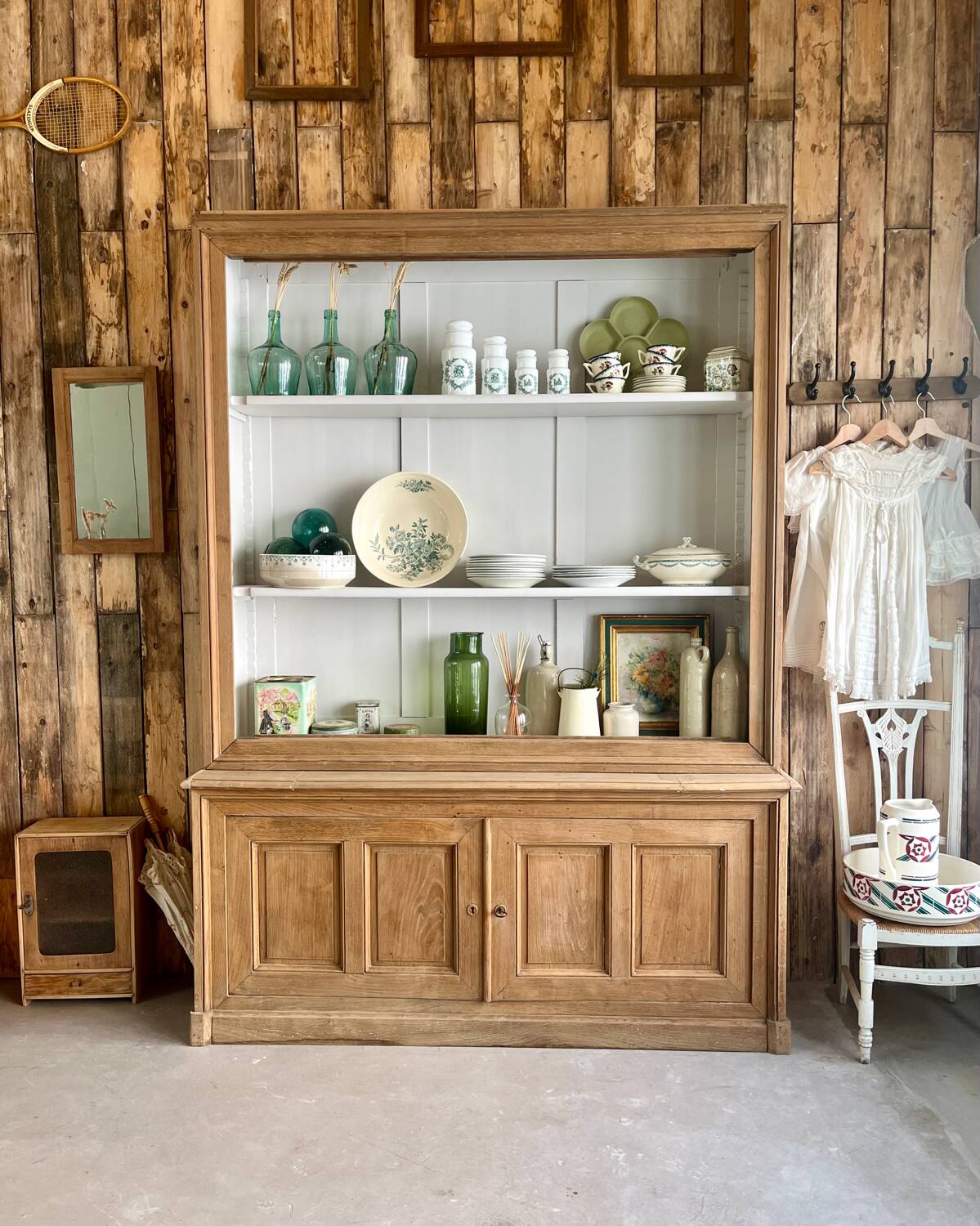 Two-body sideboard, bookcase, dresser in restored solid oak