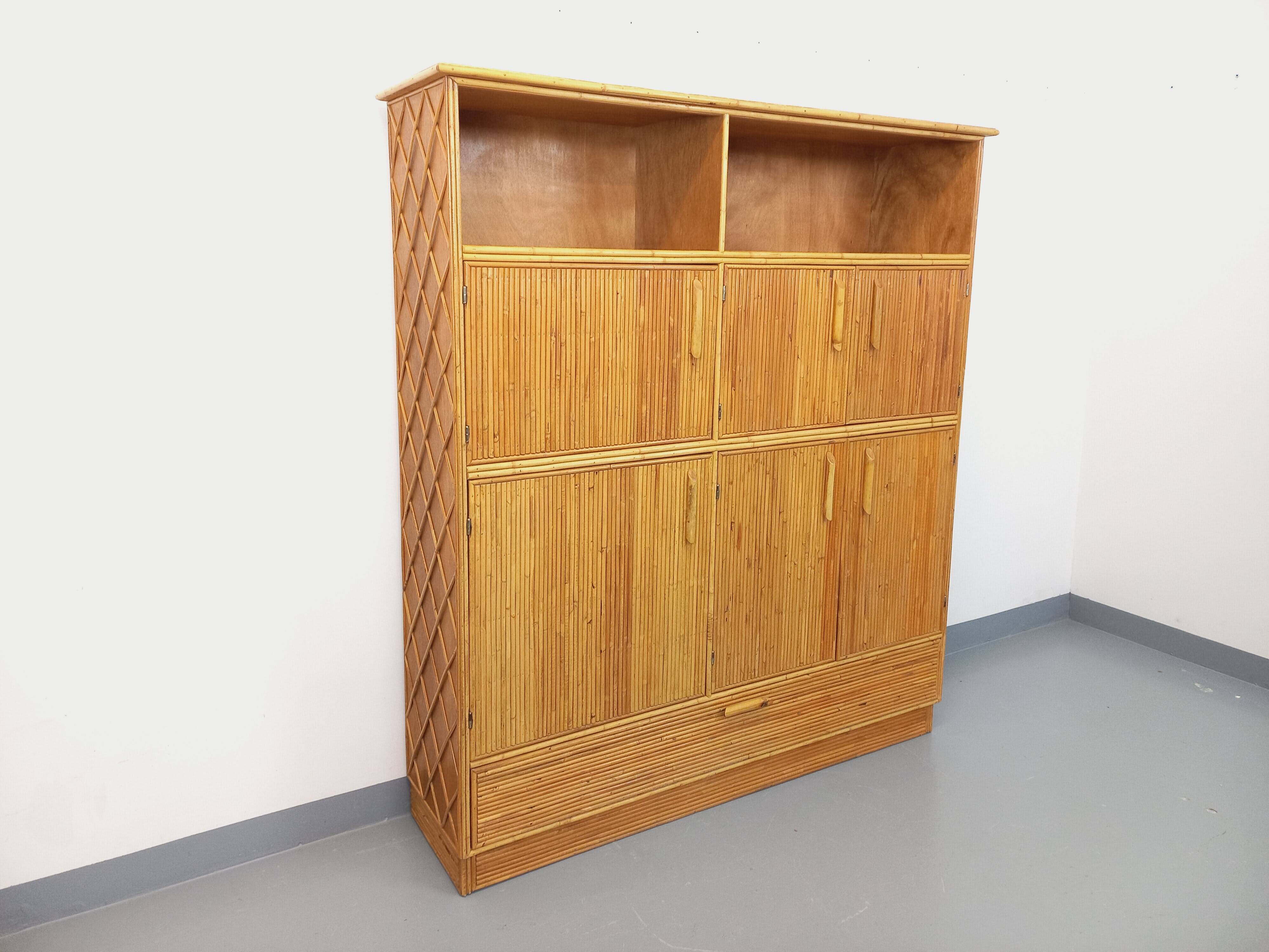 Vintage rattan and light wood storage unit from the 60s