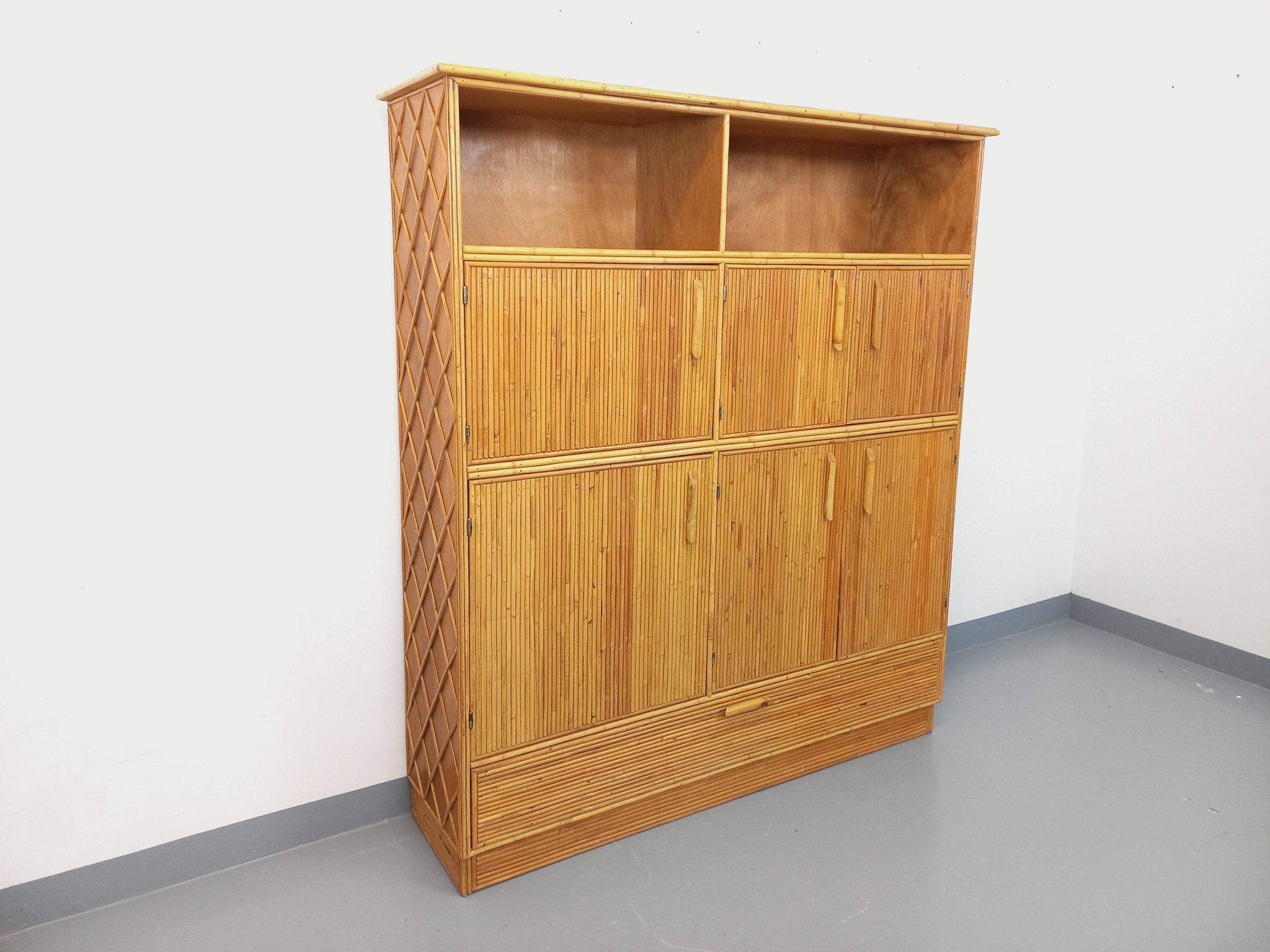 Vintage rattan and light wood storage unit from the 60s