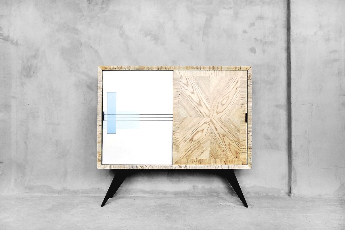 Mid-century Tall Vintage Ash Cabinet with Hand-painted Pattern, 1960s