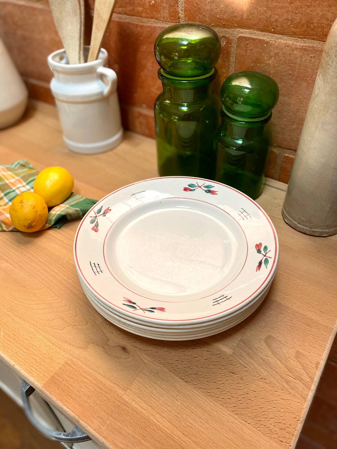 6 pink and green plates in old earthenware from St Amand
