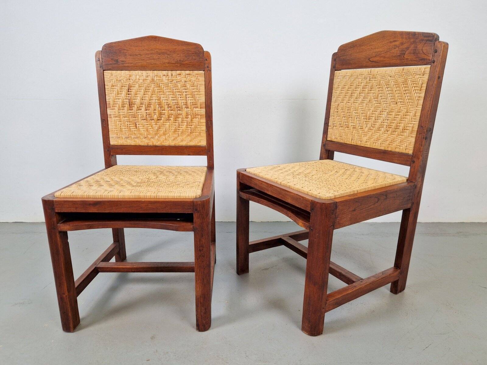 Dutch Art Deco Haagse School Oak and Rattan Webbing Chairs, 1930s, Set of 2