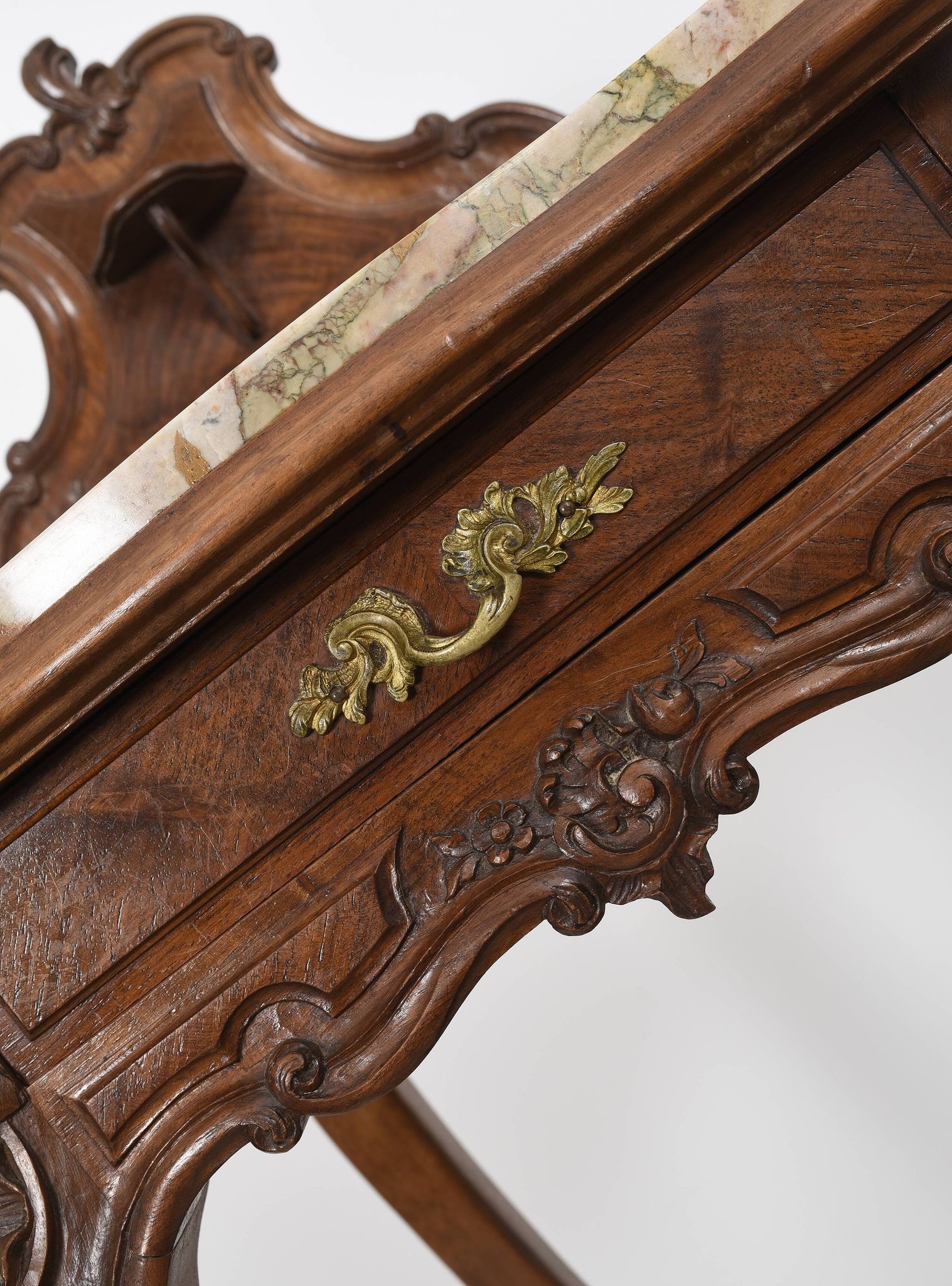 Pedestal table, old bedside table, Louis XV style, in wood and marble