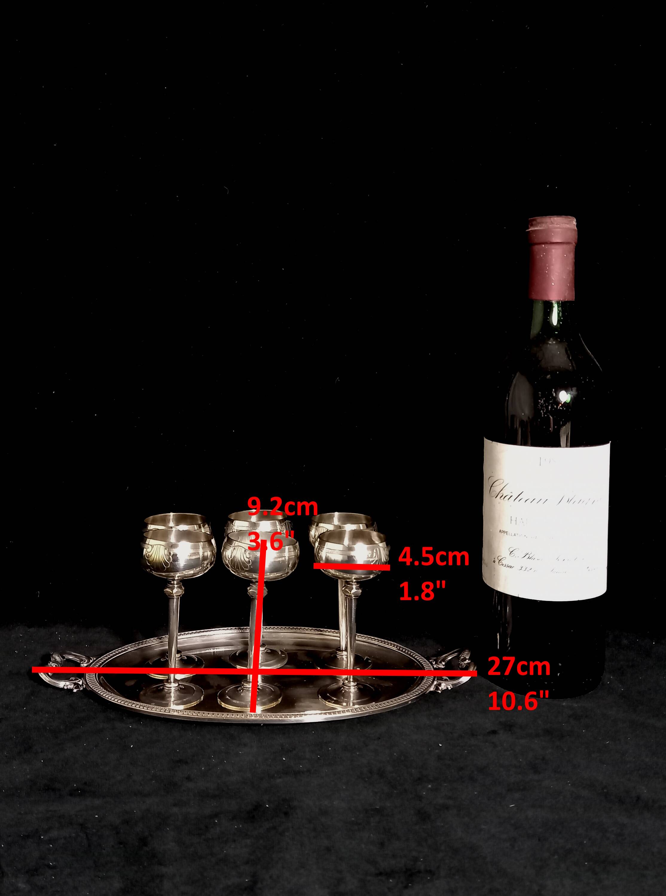 Silver Metal Liquor Set Consisting Of Six Stemmed Glasses On Their Tray