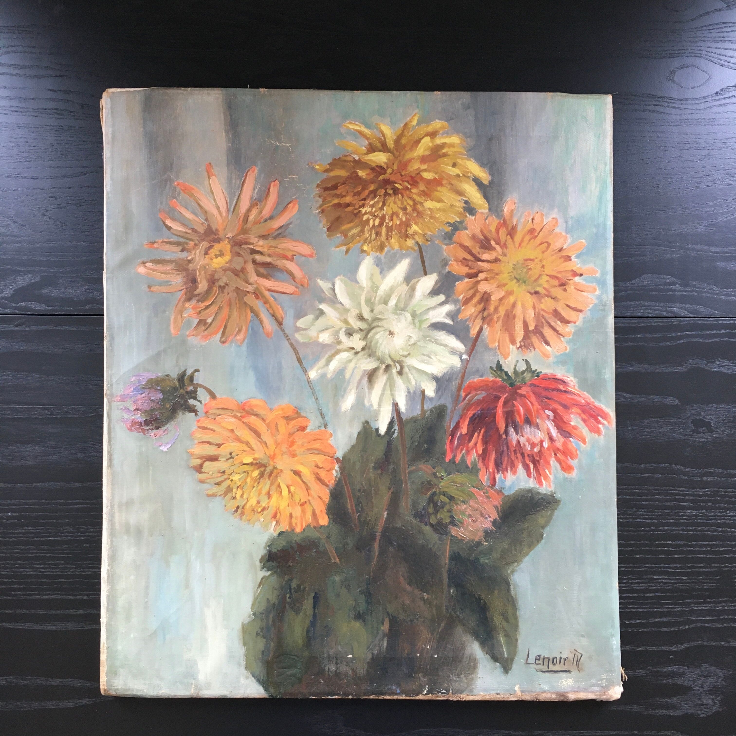 Ancient painting bouquet of dahlias