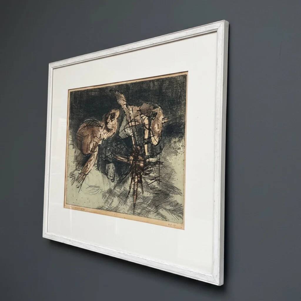 Dutch art print of a jumping frog, 1970, signed and numbered.