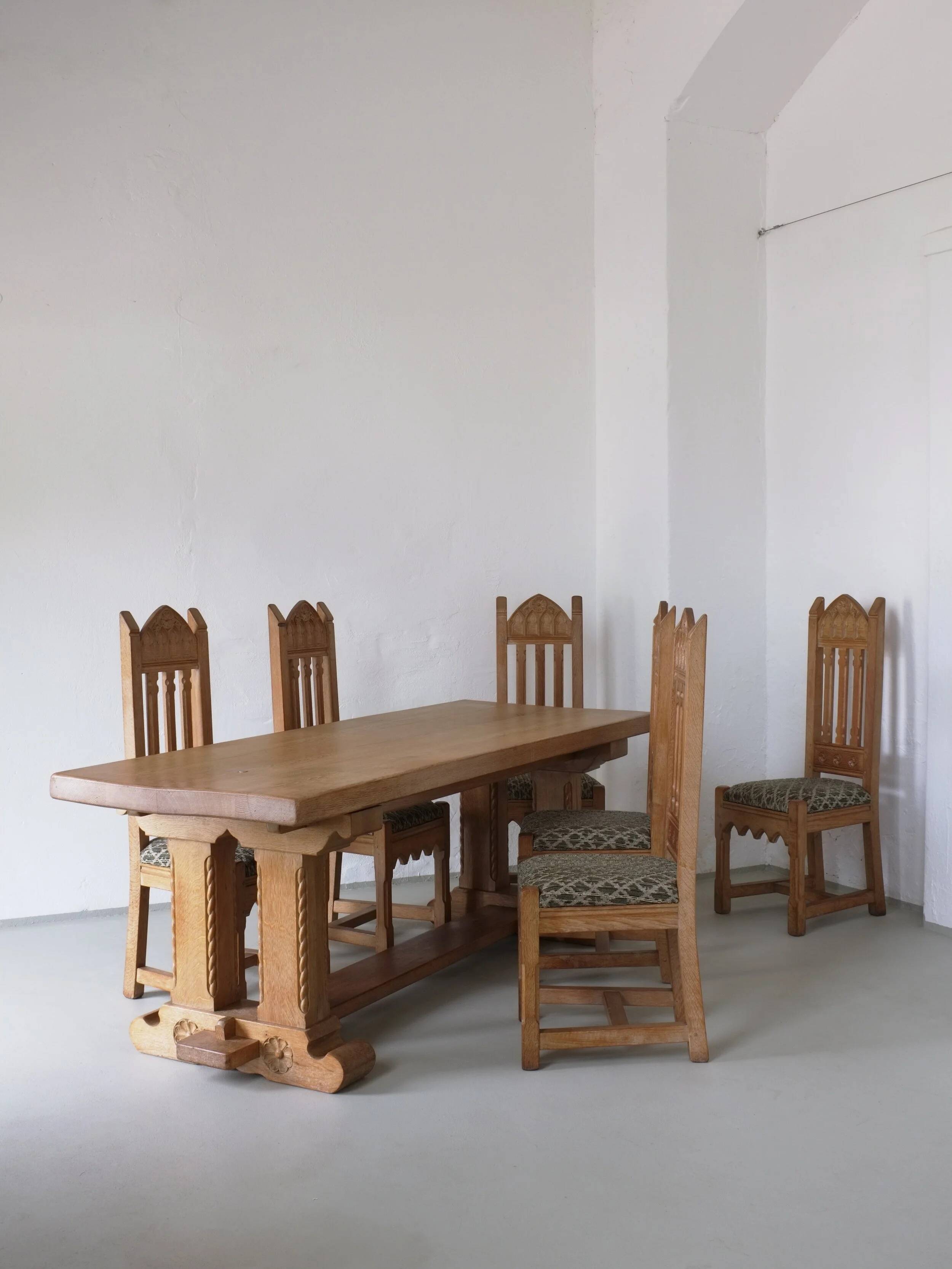 Gothic revival refectory dining table and chairs set of 7 France