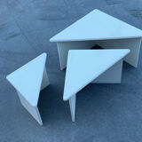 Set of three triangle side tables wood white creme design
