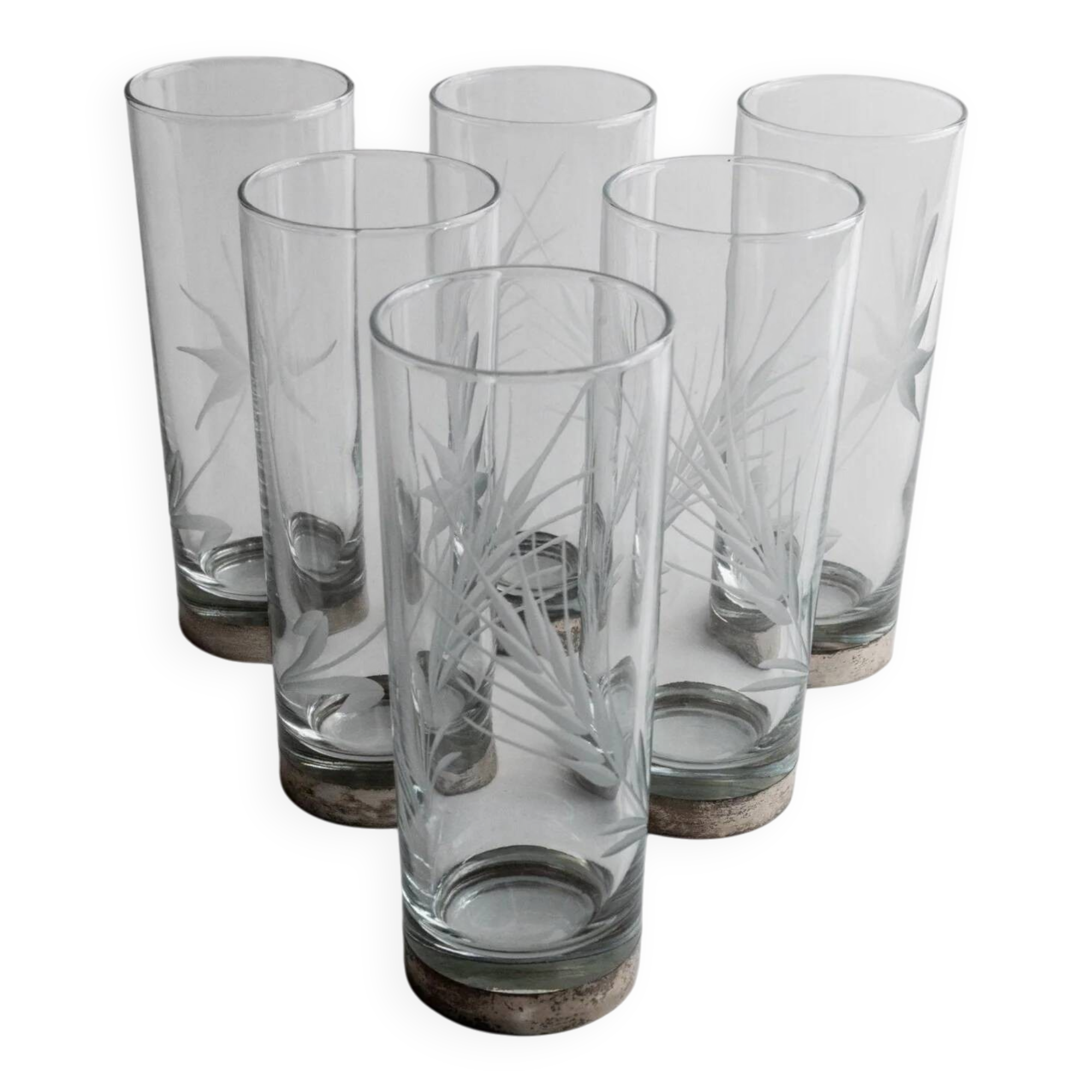 Silver Base Clear Glass Set of 6 - Italian 1960s Etched Wheat and Floral Design