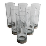 Silver Base Clear Glass Set of 6 - Italian 1960s Etched Wheat and Floral Design