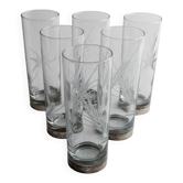 Silver Base Clear Glass Set of 6 - Italian 1960s Etched Wheat and Floral Design