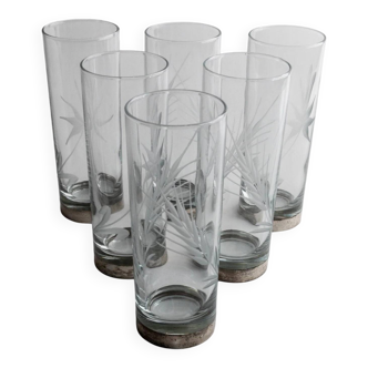 Silver Base Clear Glass Set of 6 - Italian 1960s Etched Wheat and Floral Design