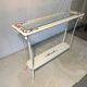 Console en fer forgé blanche à décor fleuri et plateau bois et verre