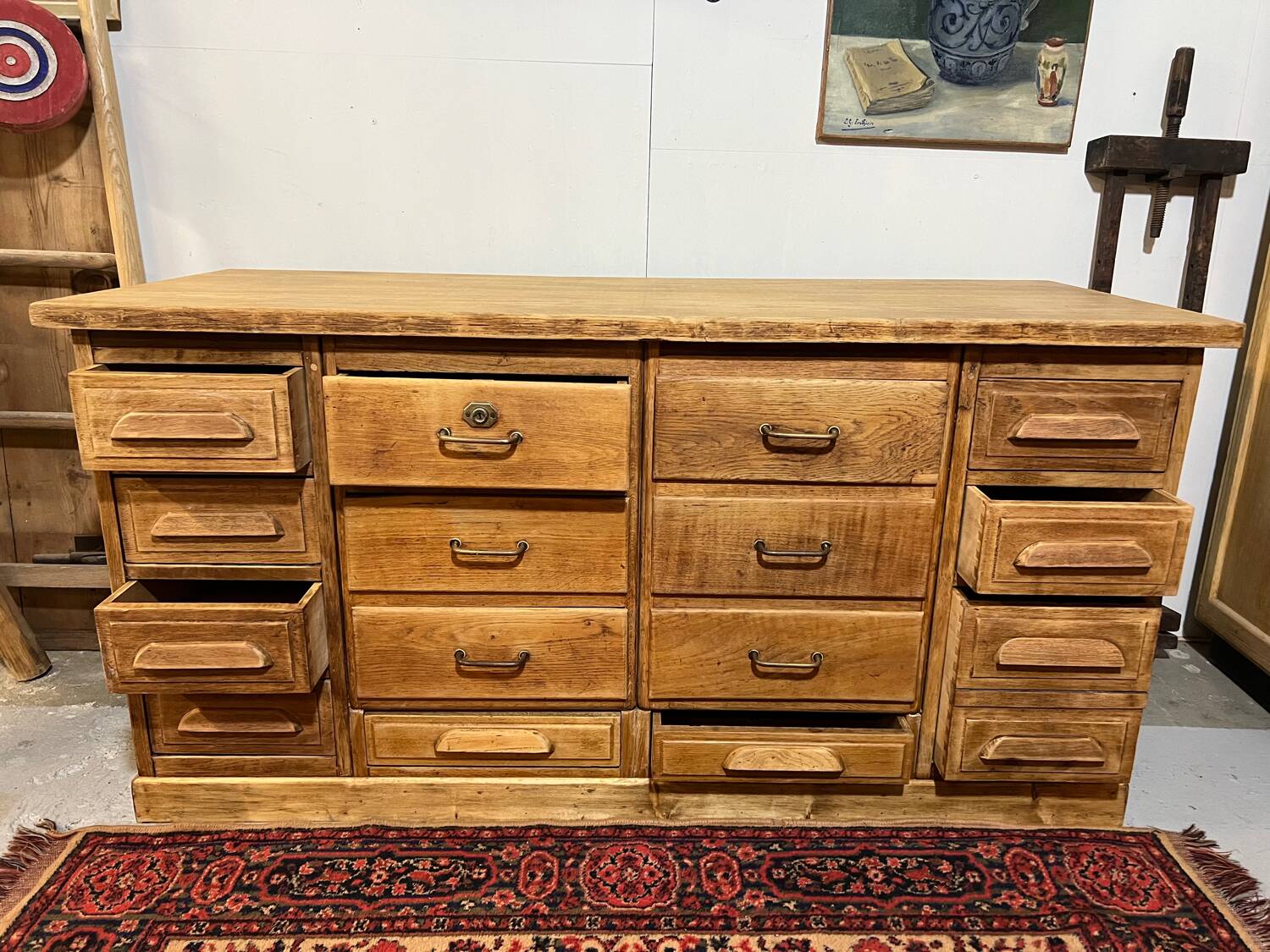 Old oak workshop drawer unit
