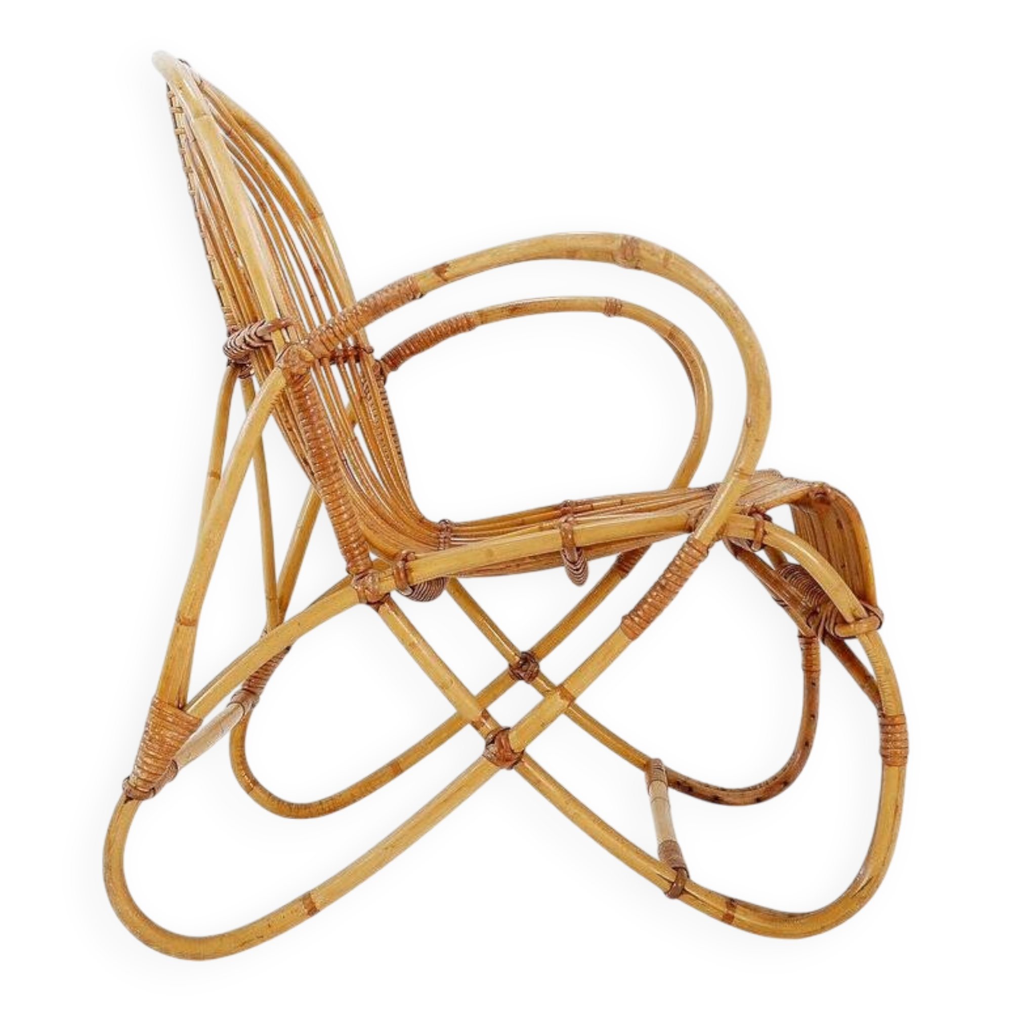 Vintage Curved rattan and bamboo armchair - 1960s