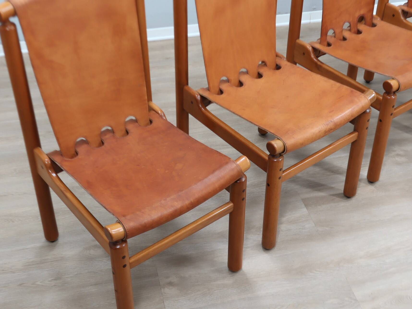Set of 4 Ilmari Tapiovaara for La Permanente walnut & leather chairs 1960s