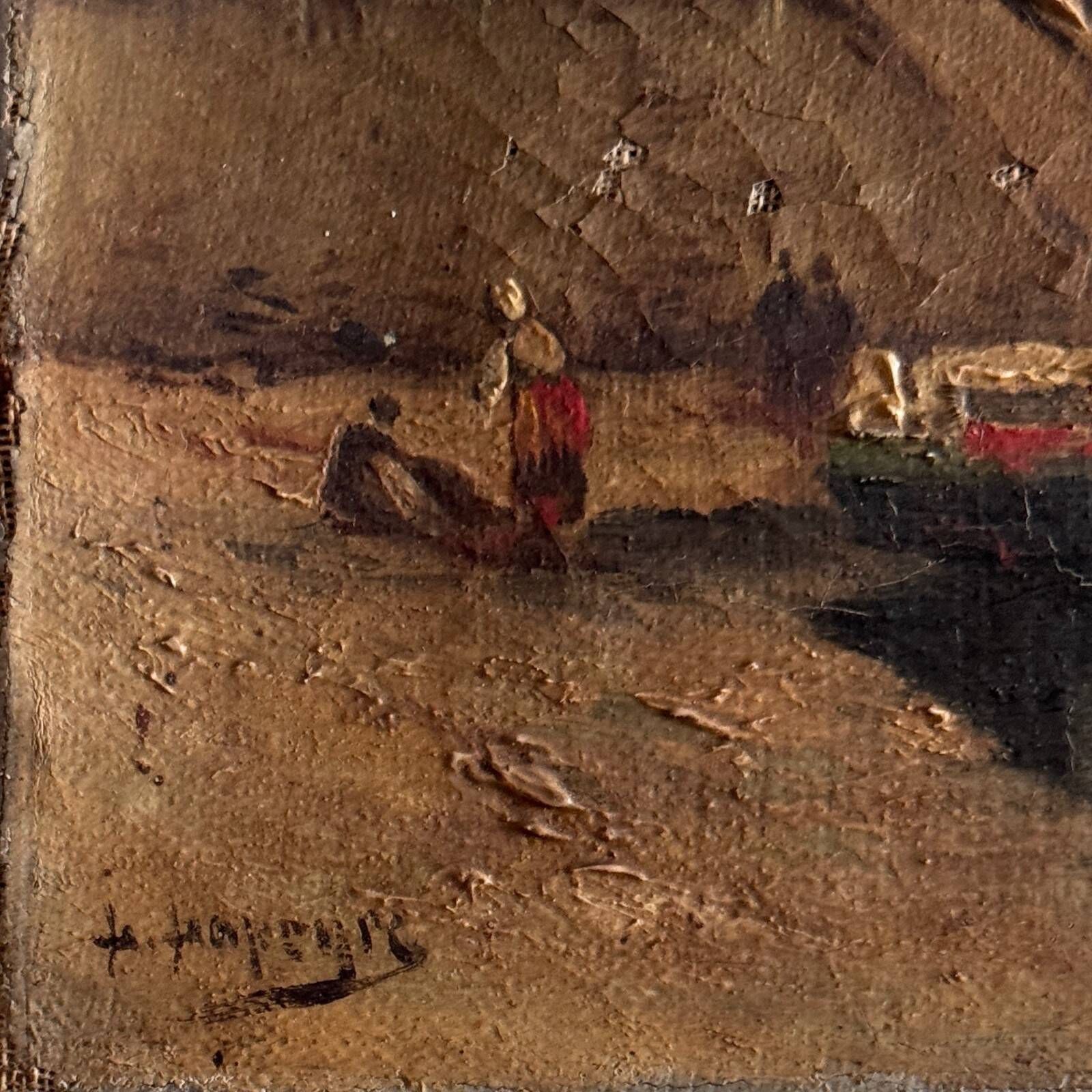 Oil on canvas depicting a boat at the quayside in the late 19th century by H. Hapeyre