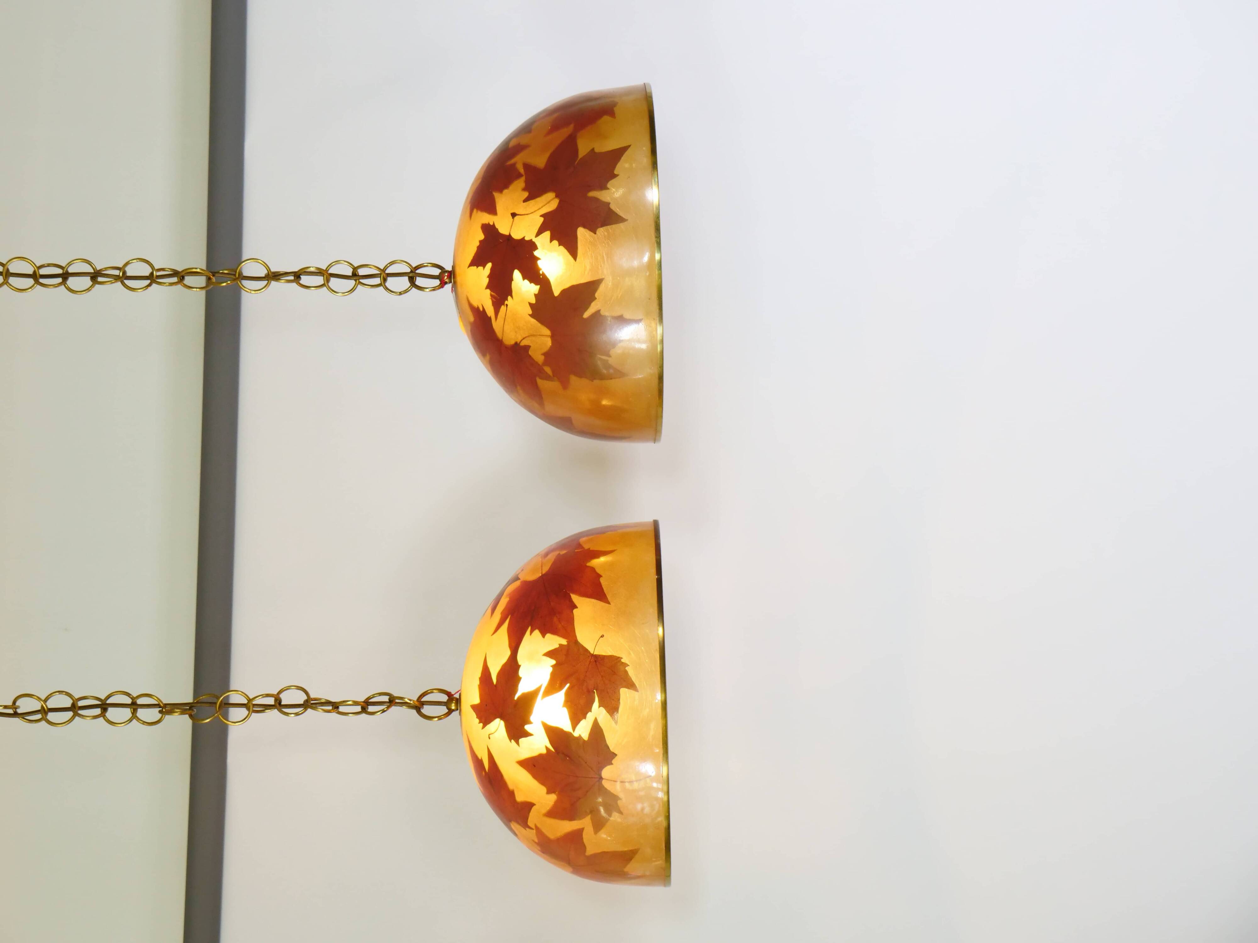 Italian design hanging lamps resin and leaves, 1970s 1980s