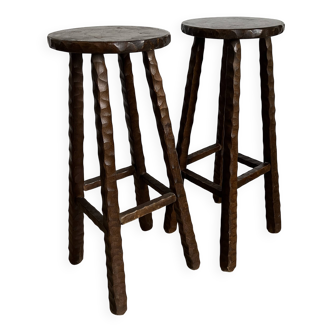 Pair of Brutalist chiseled high stools