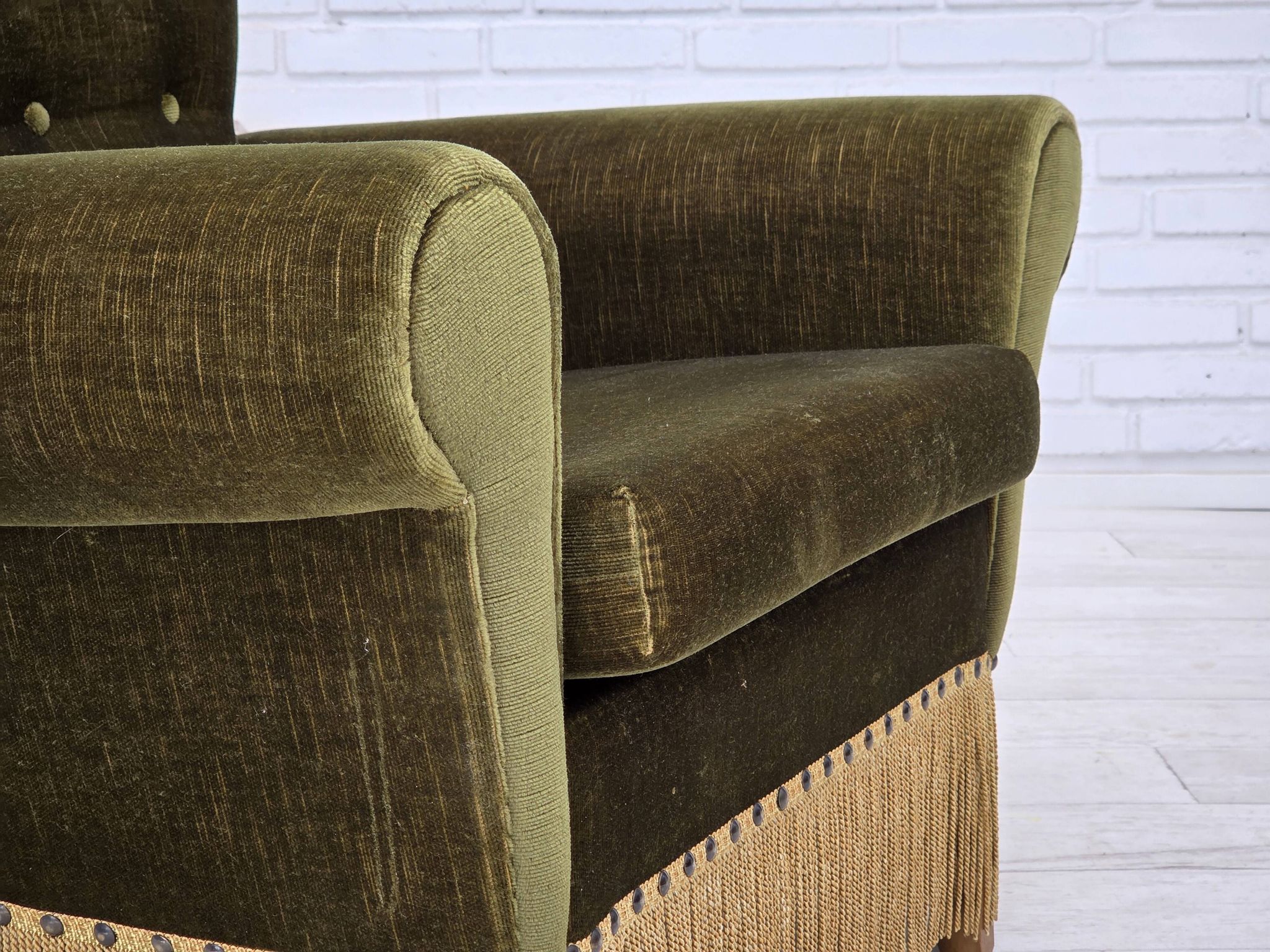 1970s, Danish lounge chair, low, furniture velour, ash wood legs.