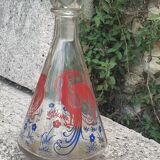 Peacock pattern liqueur decanter and 4 small vintage cobalt blue glasses