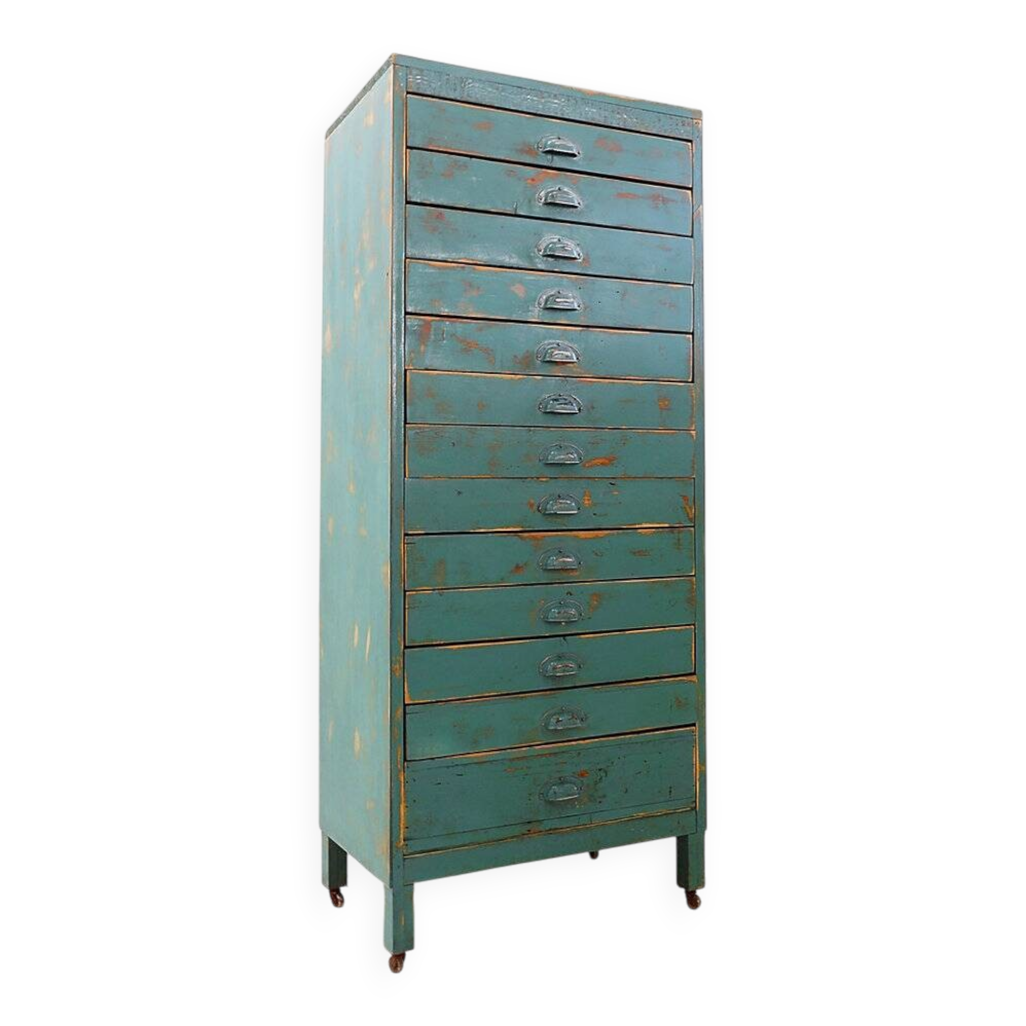 Industrial workshop furniture in pine with 12 drawers, circa 1940.
