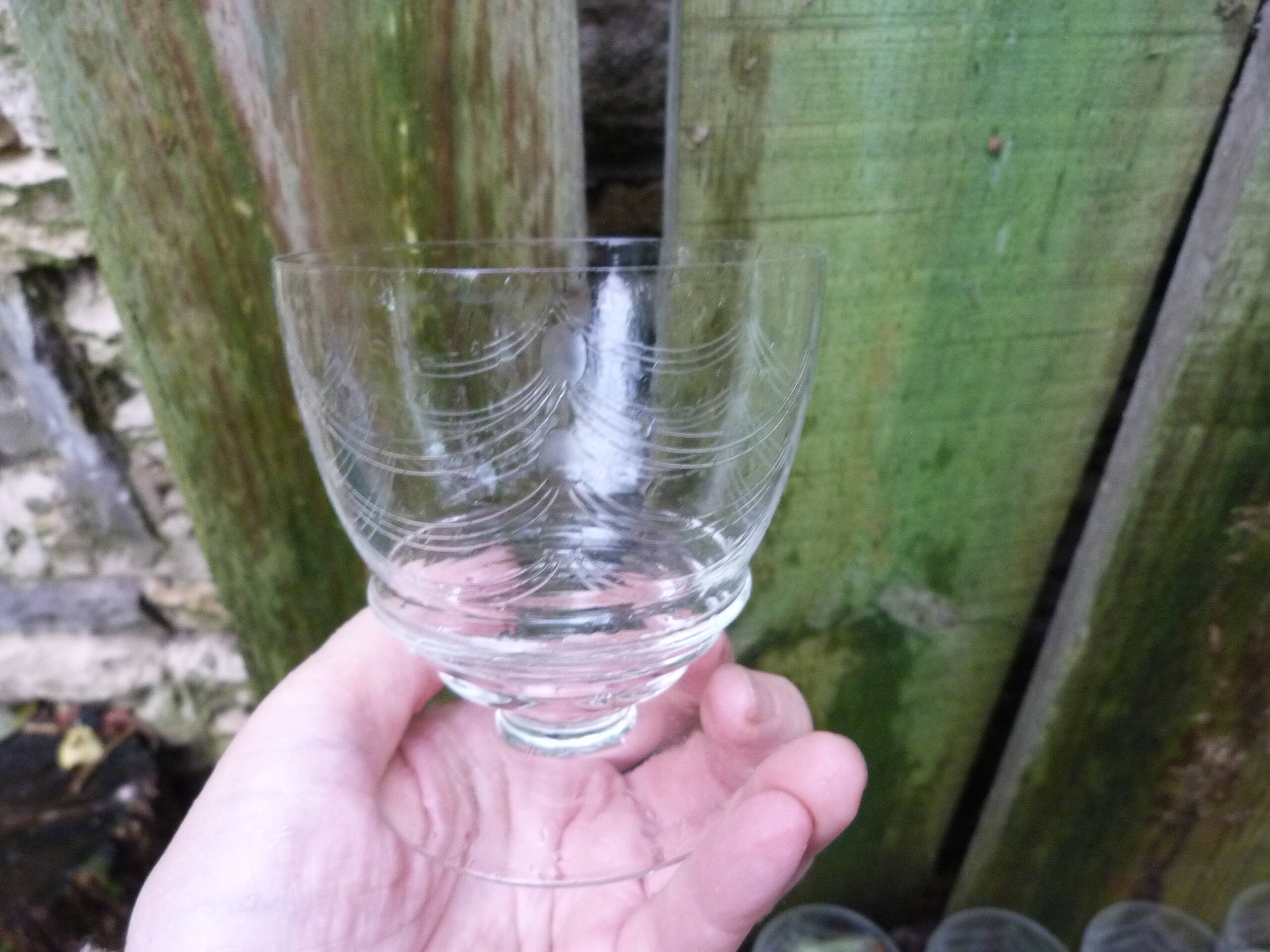 Antique engraved crystal stemmed wine glasses set of 7