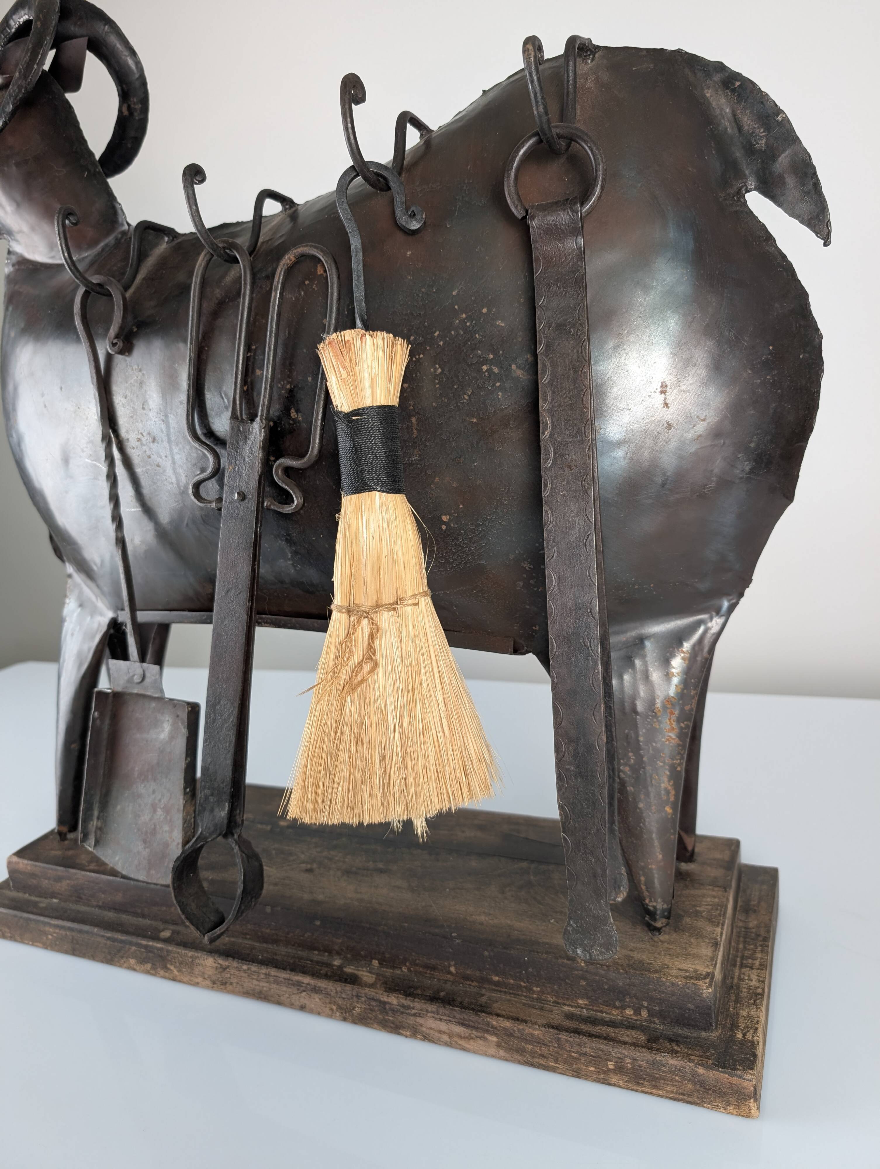 Brutalist Ram Shaped Fireplace Tool Set in Hand Forged Metal