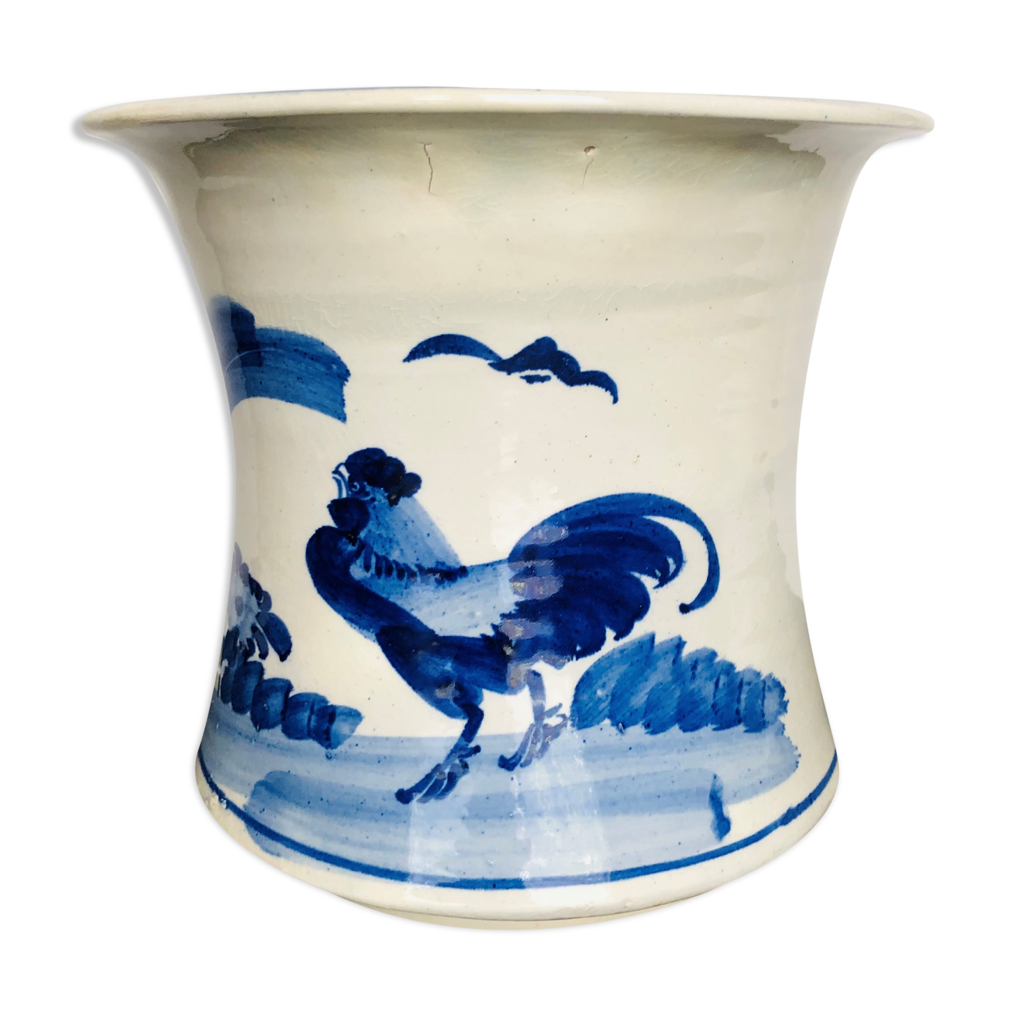 Old white blue ceramic pot cover