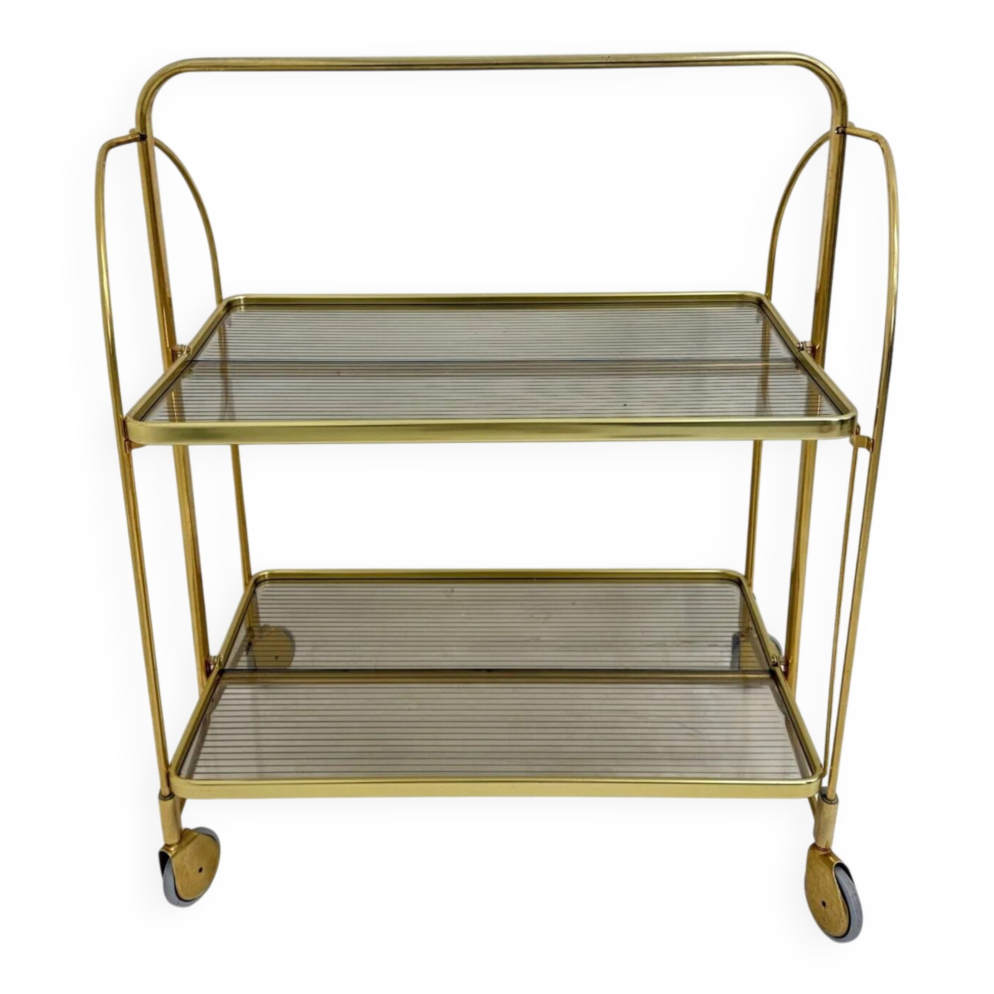 Mid-century modern folding bar cart in brass and ribbed acrylic glass, 1970s