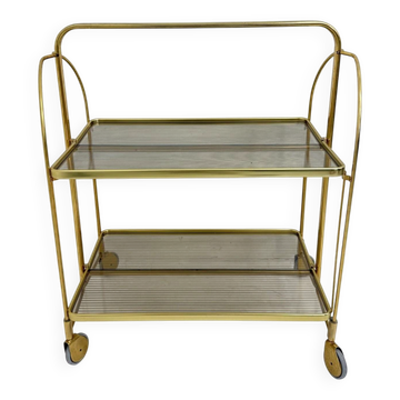 Mid-century modern folding bar cart in brass and ribbed acrylic glass, 1970s