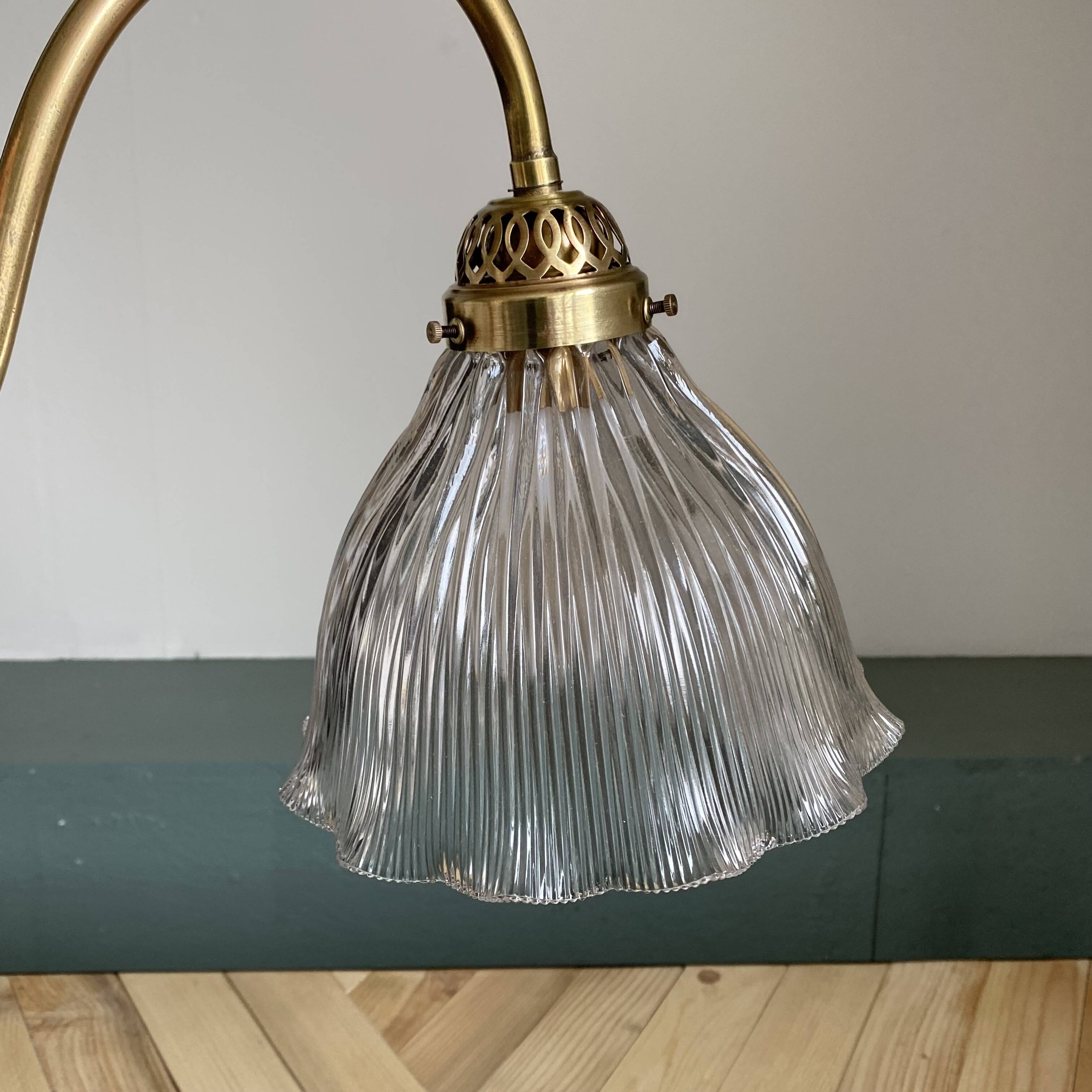 Holophane tulip brass swan neck wall lamp with porcelain rosette